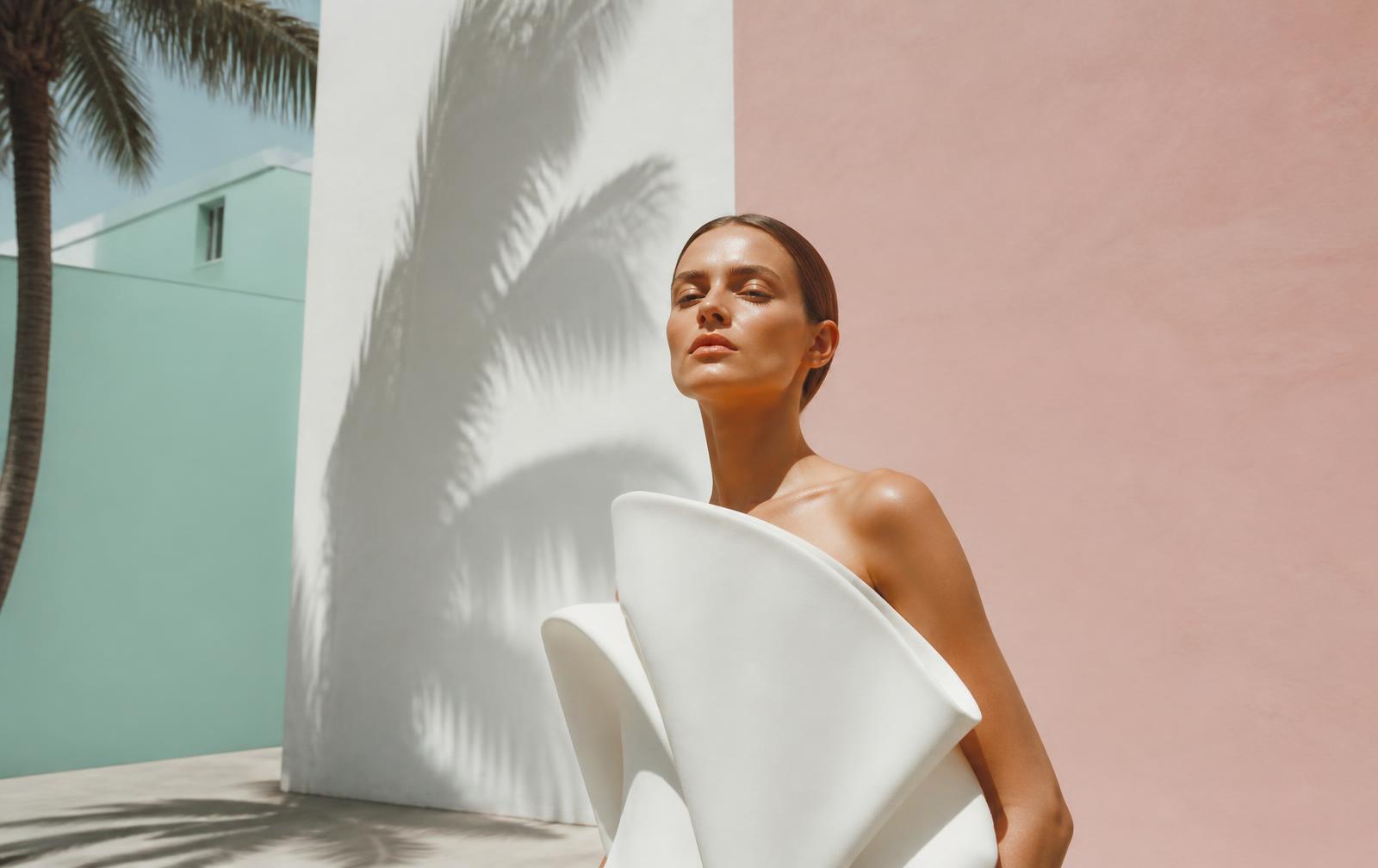 High fashion editorial against pastel Miami architecture and palm shadow